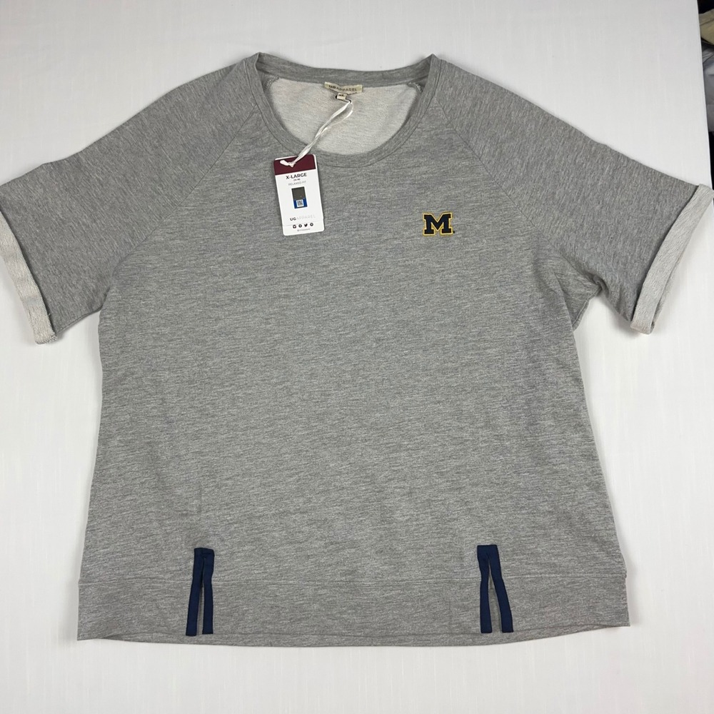 UG Apparel Michigan Wolverines Women XL Gray Short Sleeve Sweatshirt NWT
